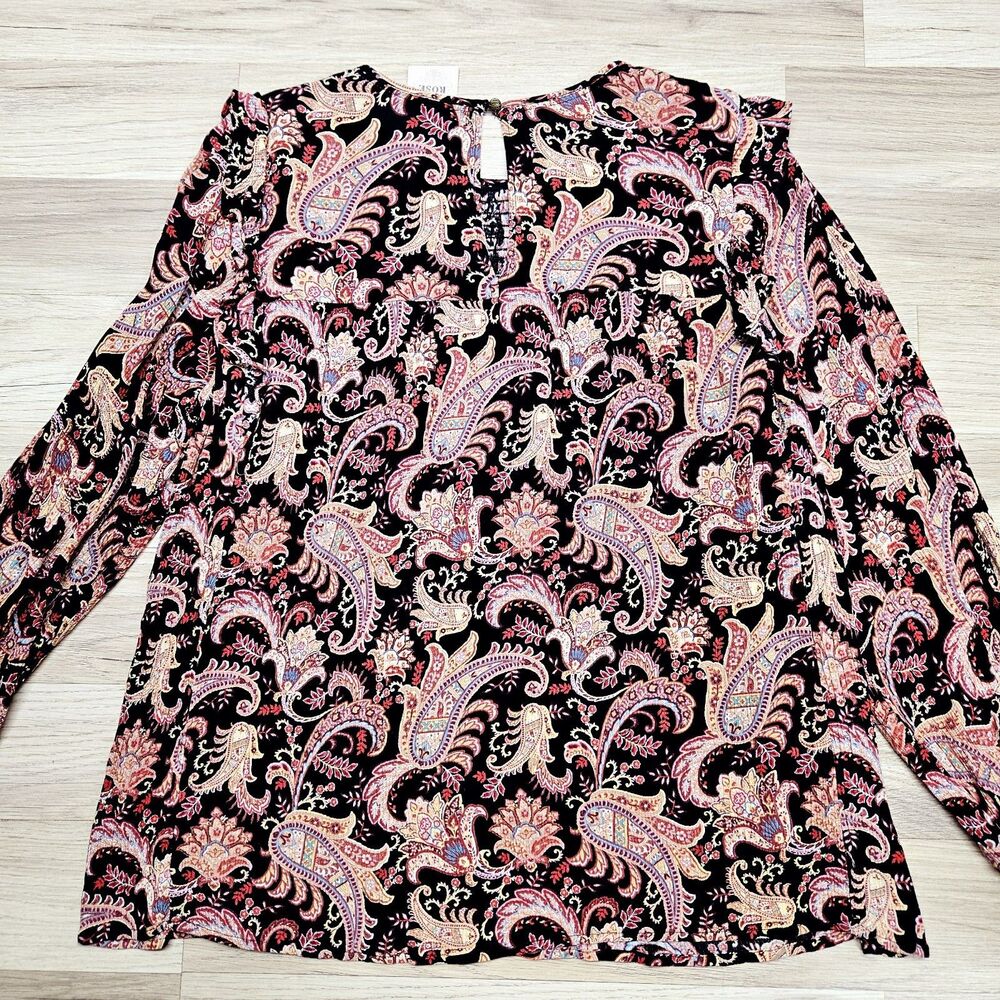 Knox Rose Womens Black Boho Floral Paisley Blouse Size Large Ruffles Longsleeve - Picture 9 of 9